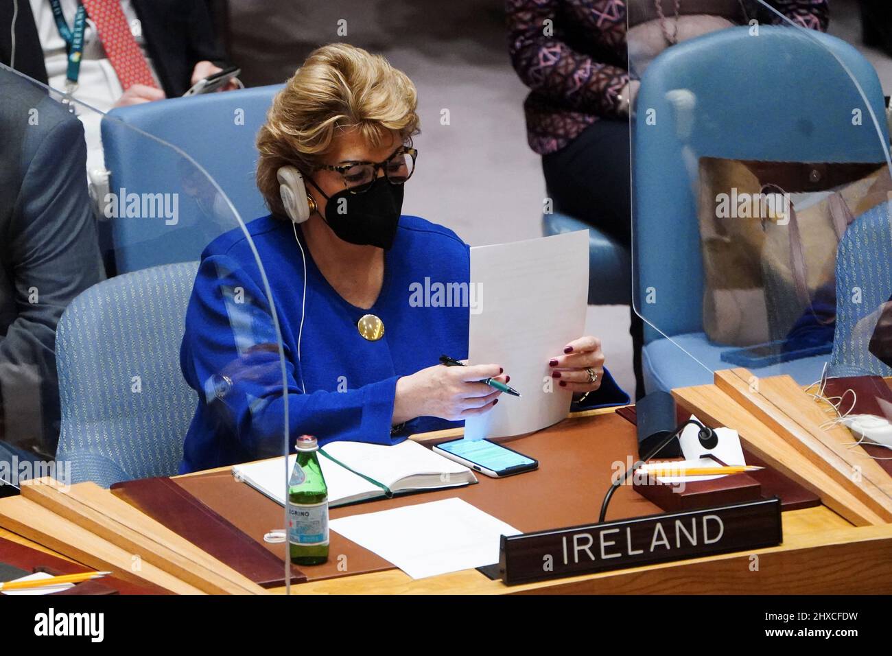 Ireland's Permanent Representative to the U.N. Geraldine Byrne Nason attends the United Nations Security Council meeting on Threats to International Peace and Security, following Russia's invasion of Ukraine, in New York City, U.S. March 11, 2022. REUTERS/Carlo Allegri Stock Photo