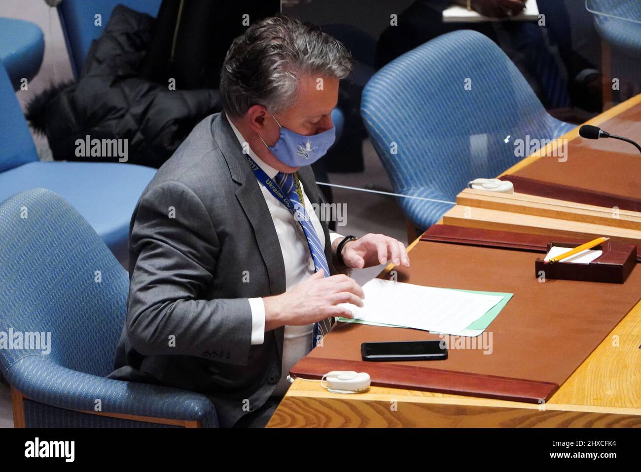 Ukrainian Ambassador to the United Nations Sergiy Kyslytsya attends the United Nations Security Council meeting on Threats to International Peace and Security, following Russia's invasion of Ukraine, in New York City, U.S. March 11, 2022. REUTERS/Carlo Allegri Stock Photo