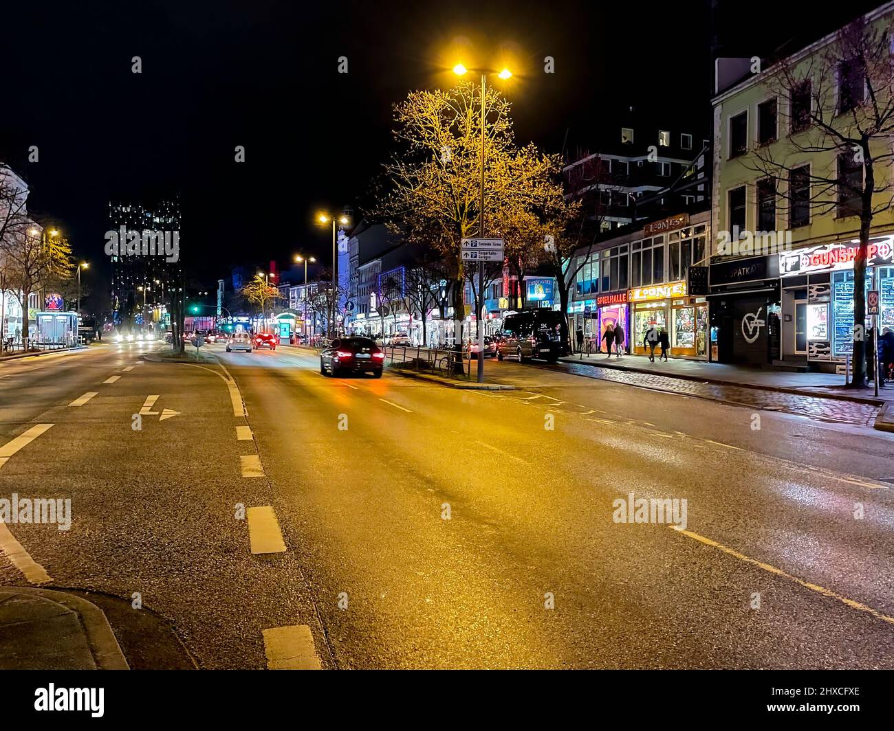 Busy street and dancing towers at night, St. Pauli, Hamburg, Germany, Europe Stock Photo