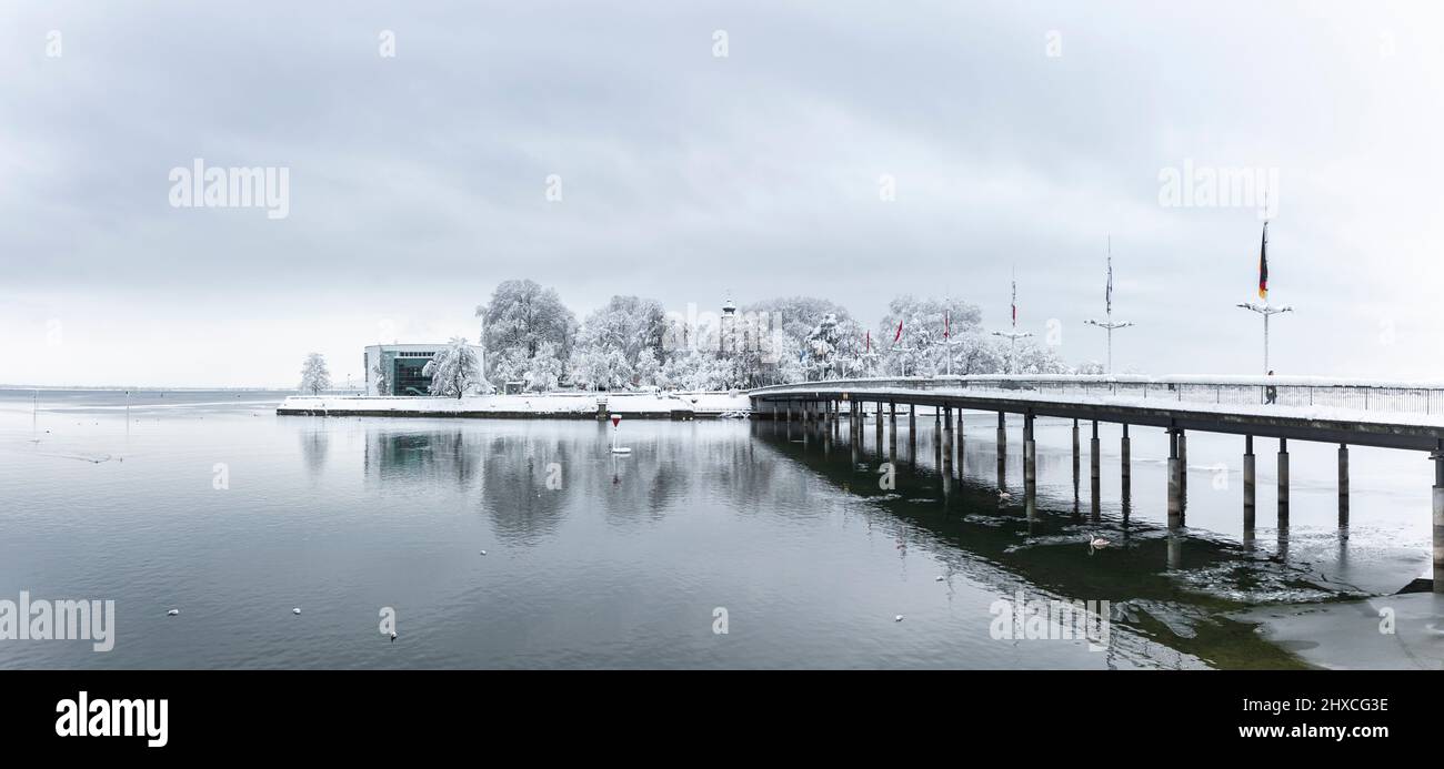 Lindau Lake Constance pier in winter with snow Stock Photo