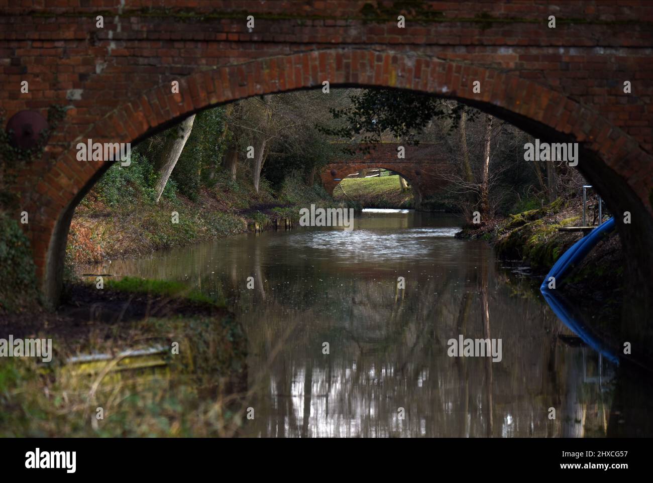 Two beautiful old bridges along the Basingstoke Canal at Dogmersfield in Hampshire Stock Photo