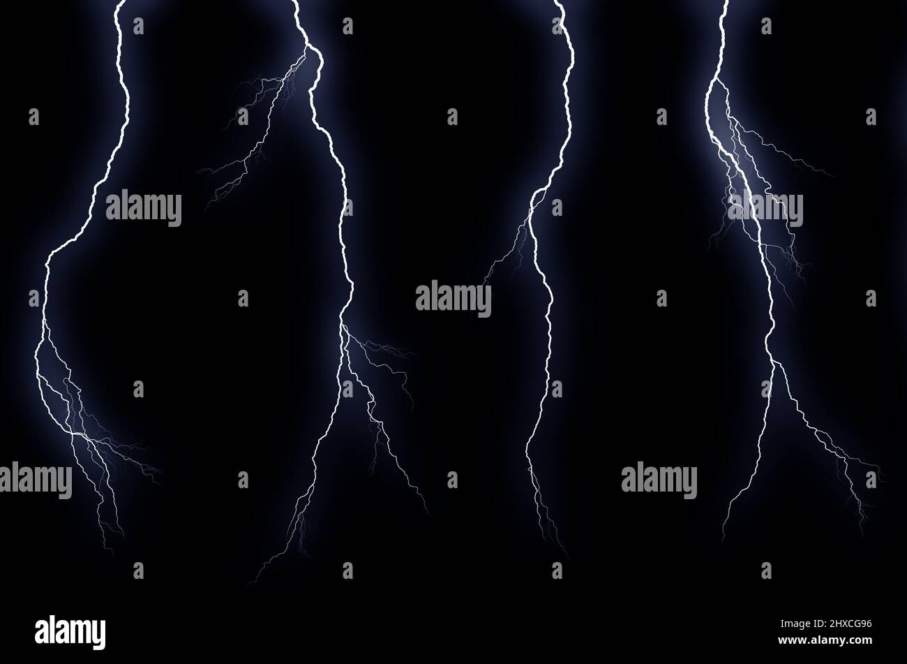 Set of four different lightning bolts isolated on black background