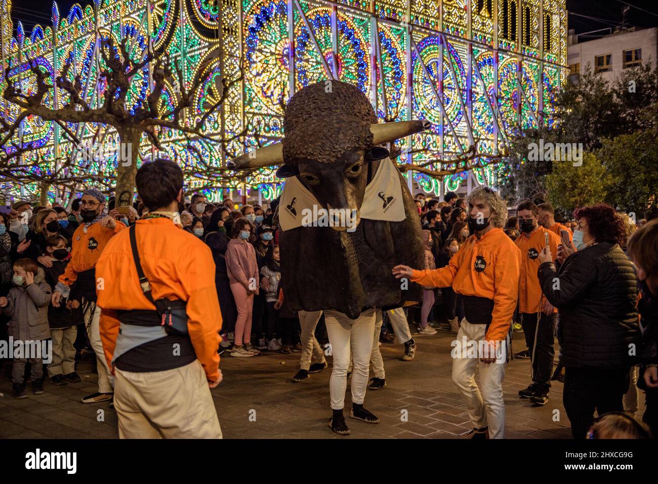 The Valls' bull in the Procession of the 2022 Valls Decennial Festival, in honor of the Virgin of the Candlemas in Valls (Tarragona, Catalonia, Spain) Stock Photo