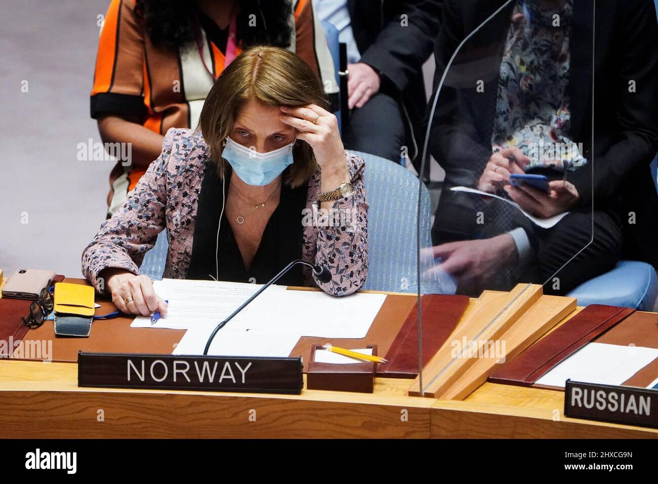 Norway's Ambassador to the U.N. Mona Juul attends the United Nations Security Council meeting on Threats to International Peace and Security, following Russia's invasion of Ukraine, in New York City, U.S. March 11, 2022. REUTERS/Carlo Allegri Stock Photo