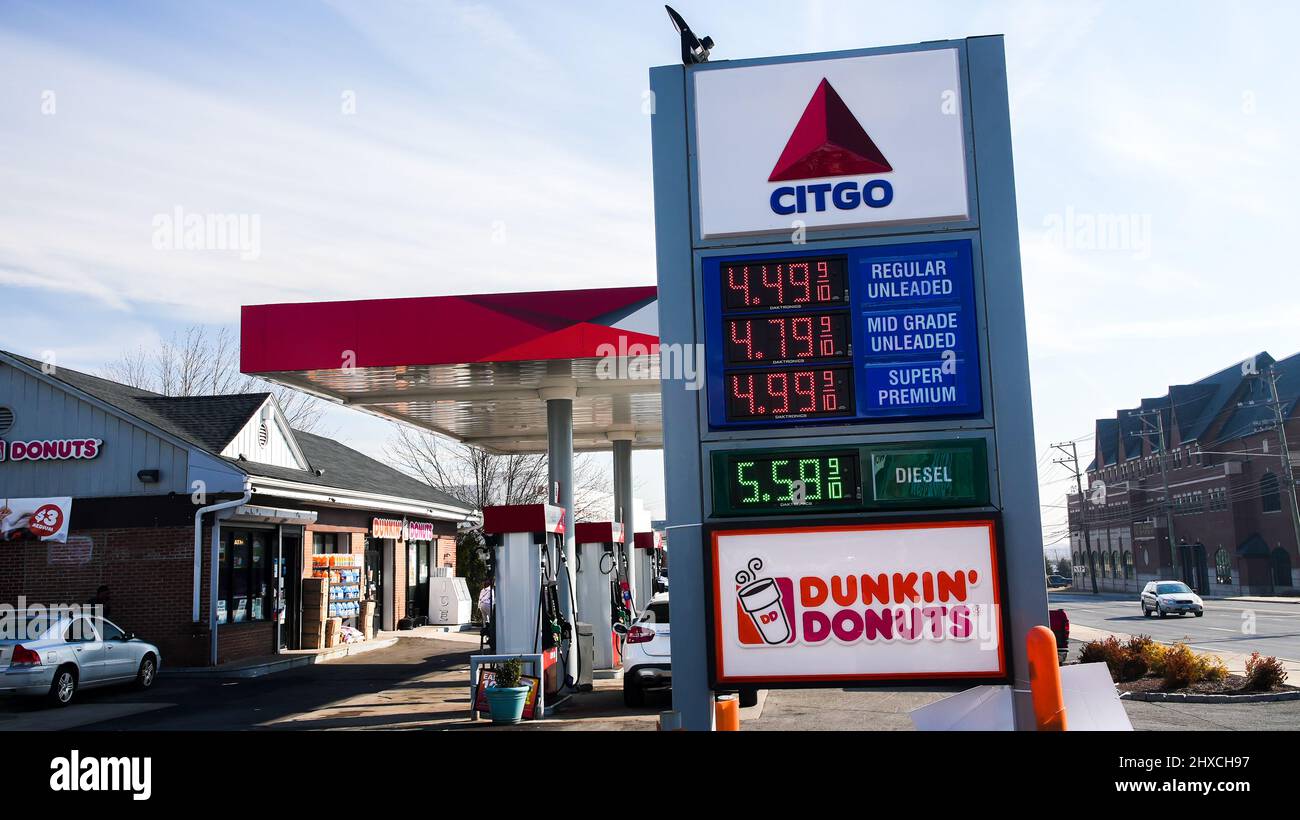 NORWALK, CT, USA - MARCH 11, 2022: Citgo gas station price sign near Post road and I -95 view in nice sunny day with blue sky Stock Photo