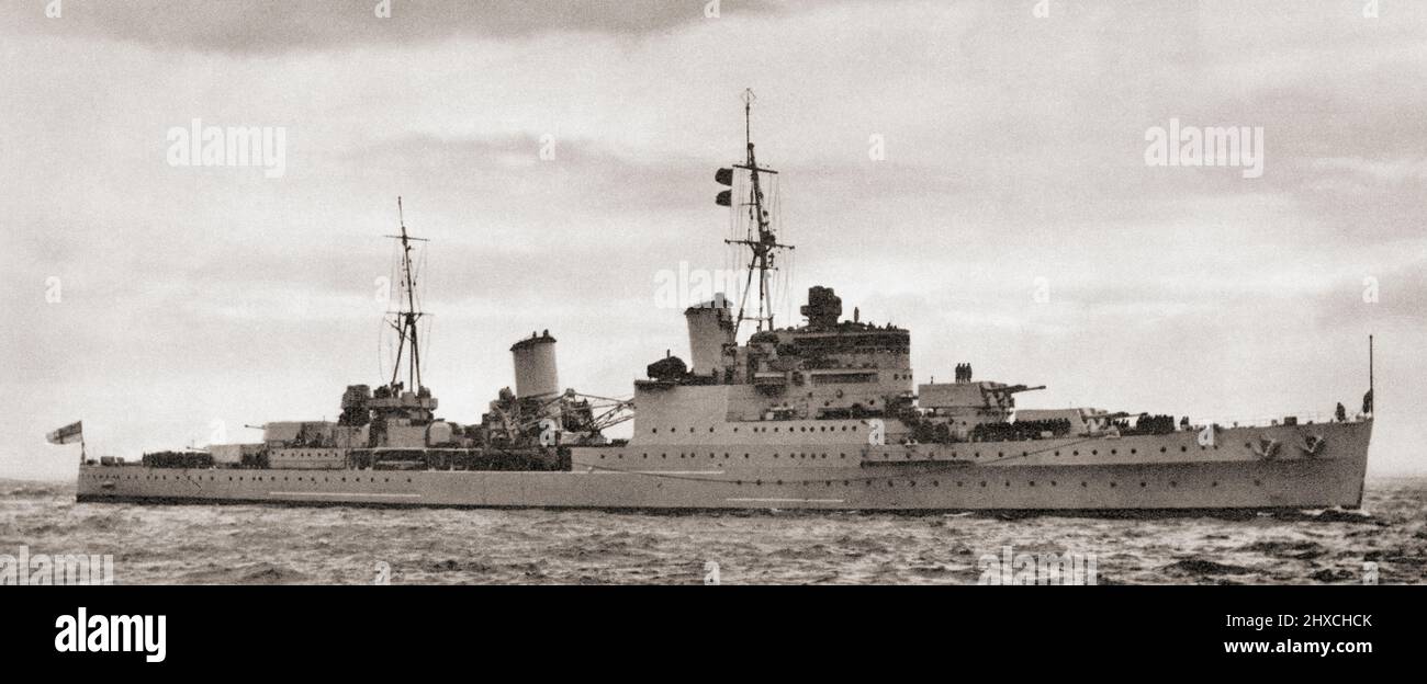 HMS Liverpool, a Town-class light cruiser of the Royal Navy in service from 1938 to 1952.  From British Warships, published 1940 Stock Photo