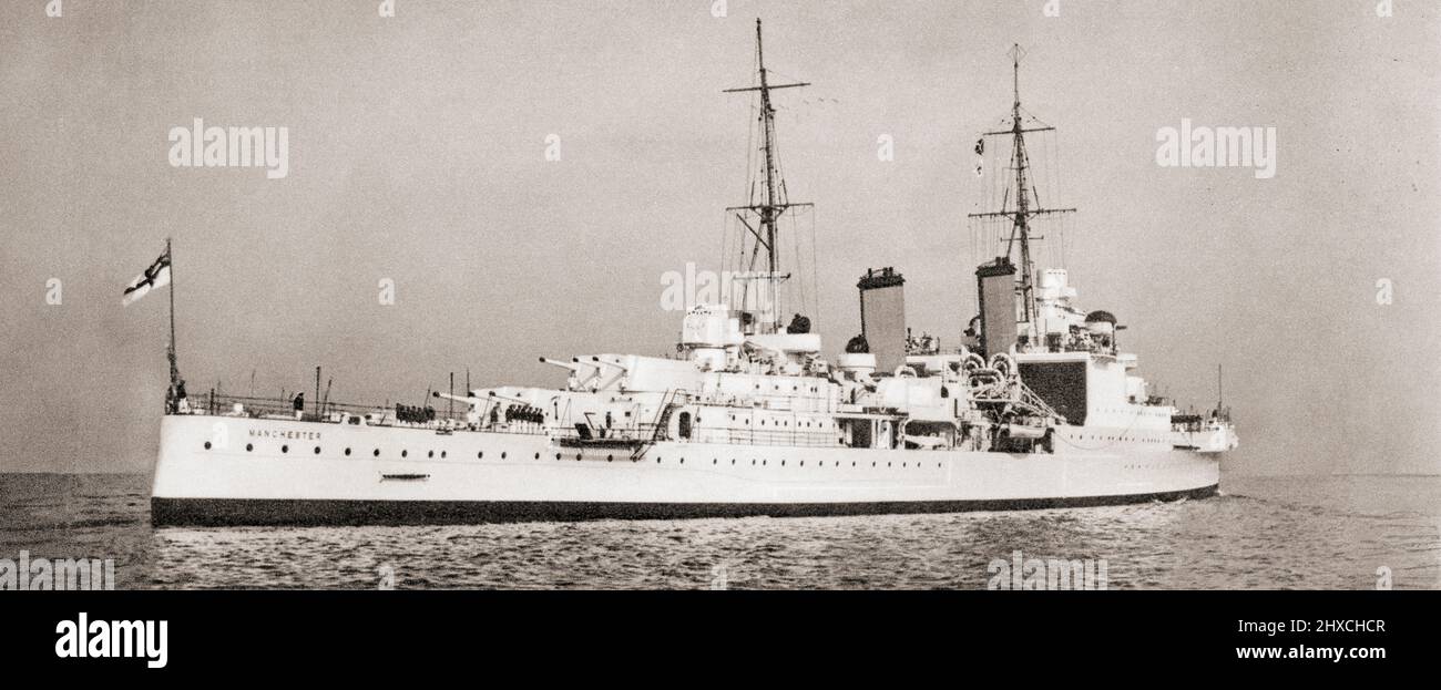 HMS Manchester, a Town-class light cruiser.  From British Warships, published 1940 Stock Photo