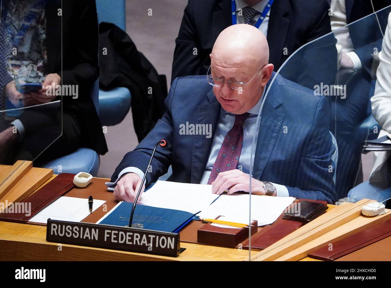 Russia's Ambassador to the U.N. Vasily Nebenzya attends the United Nations Security Council meeting on Threats to International Peace and Security, following Russia's invasion of Ukraine, in New York City, U.S. March 11, 2022. REUTERS/Carlo Allegri Stock Photo