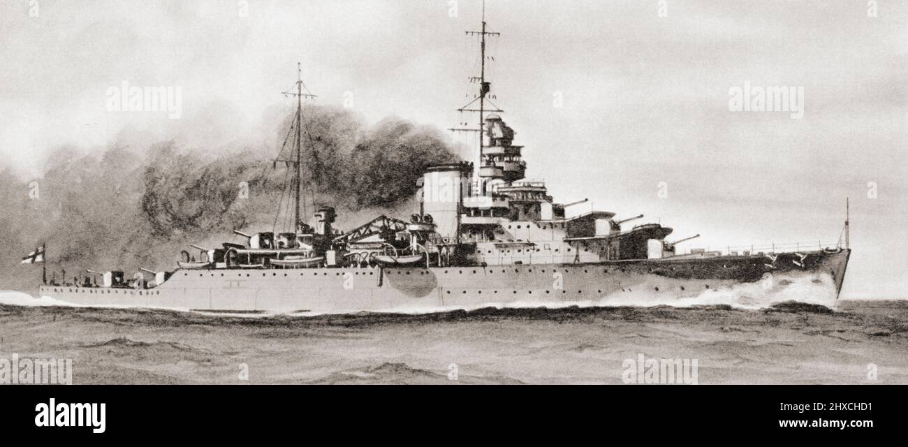 HMS Effingham, a Hawkins-class heavy cruiser. She sank in 1940. From British Warships, published 1940 Stock Photo