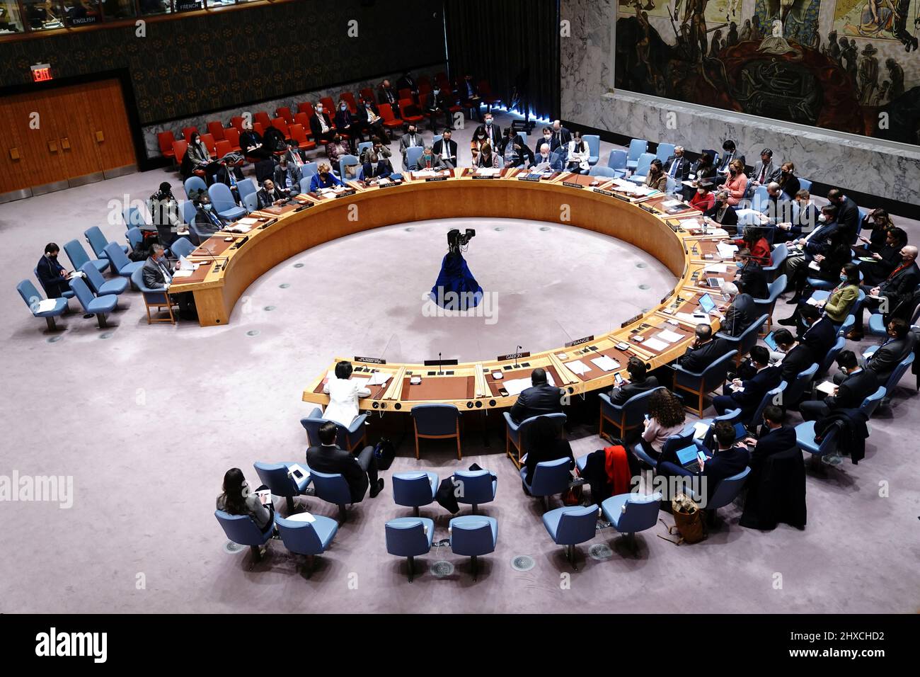 A general view of the United Nations Security Council meeting on Threats to International Peace and Security, following Russia's invasion of Ukraine, in New York City, U.S. March 11, 2022. REUTERS/Carlo Allegri Stock Photo