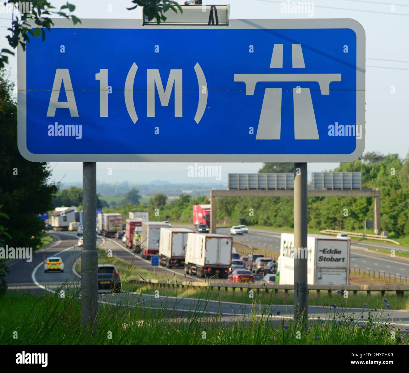 traffic jam on the A1M motorway at Bramham Crossroads Leeds Yorkshire United Kingdom Stock Photo
