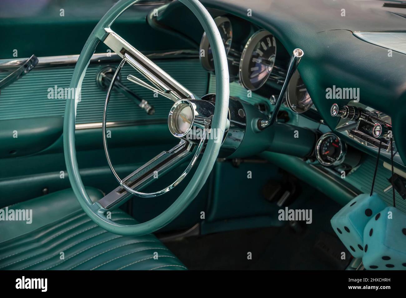 Car, classic car, green steering wheel fittings, interior trim Stock Photo
