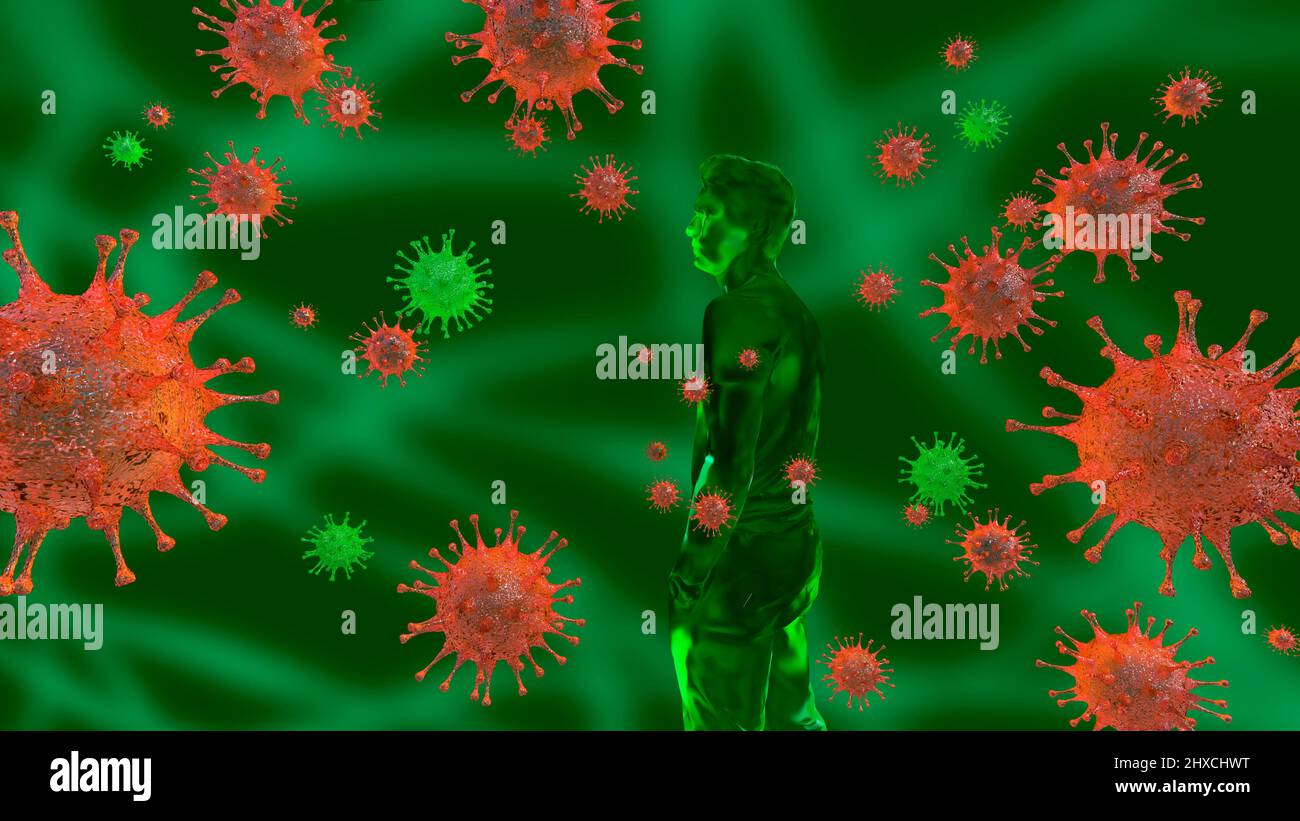 Red and green corona viruses with person Stock Photo