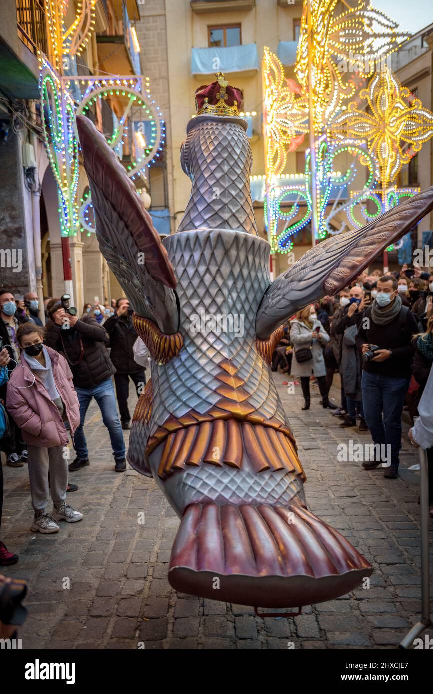 The Valls Eagle in the Procession of the 2022 Valls Decennial Festival, in honor of the Virgin of the Candlemas in Valls (Tarragona, Catalonia, Spain) Stock Photo