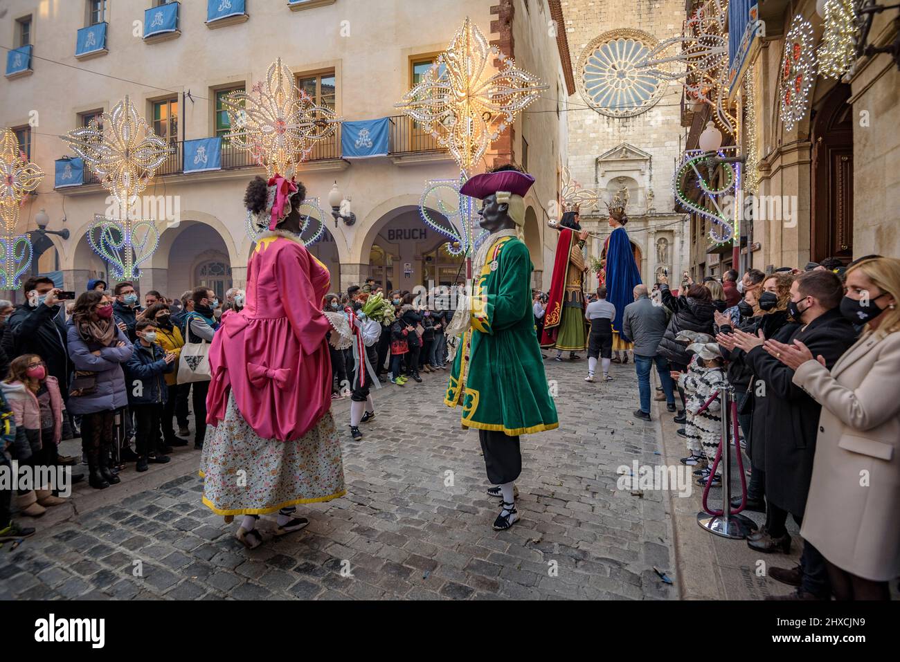 The Valls Giants in the Procession of the 2022 Valls Decennial Festival, in honor of the Virgin of the Candlemas in Valls, Tarragona, Catalonia, Spain Stock Photo