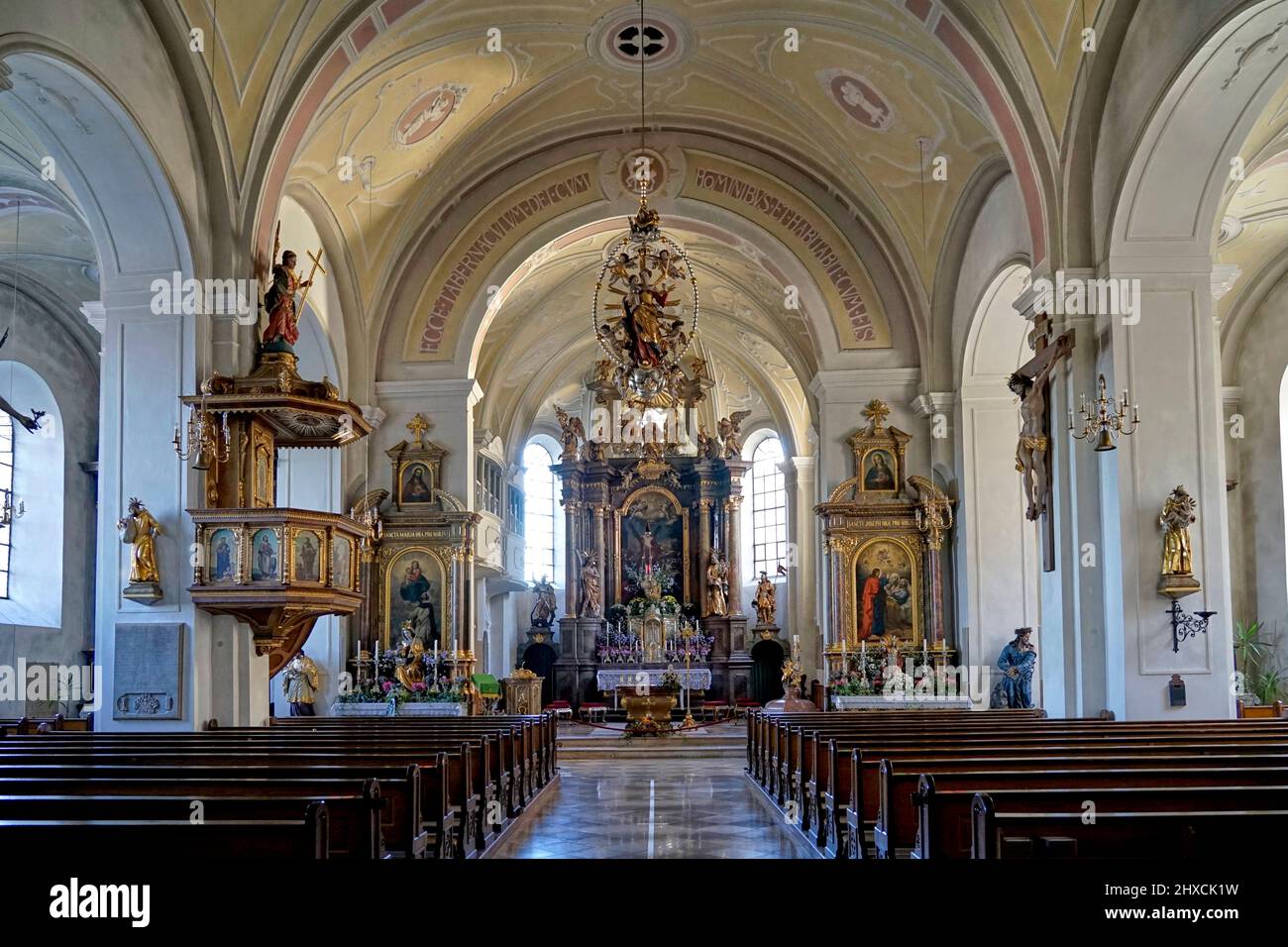 Germany, Bavaria, Upper Bavaria, Berchtesgadener Land county, Teisendorf, St. Andrew's parish church, interior Stock Photo