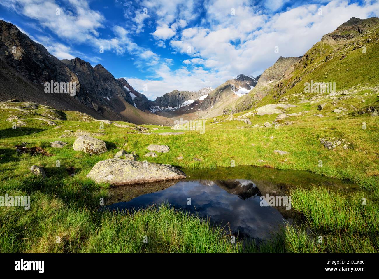 Alpine mountain landscape with wild rocky mountains on a sunny summer day in the Stubai Alps near the Neue Regensburger Hütte. Tyrol, Austria, Europe Stock Photo