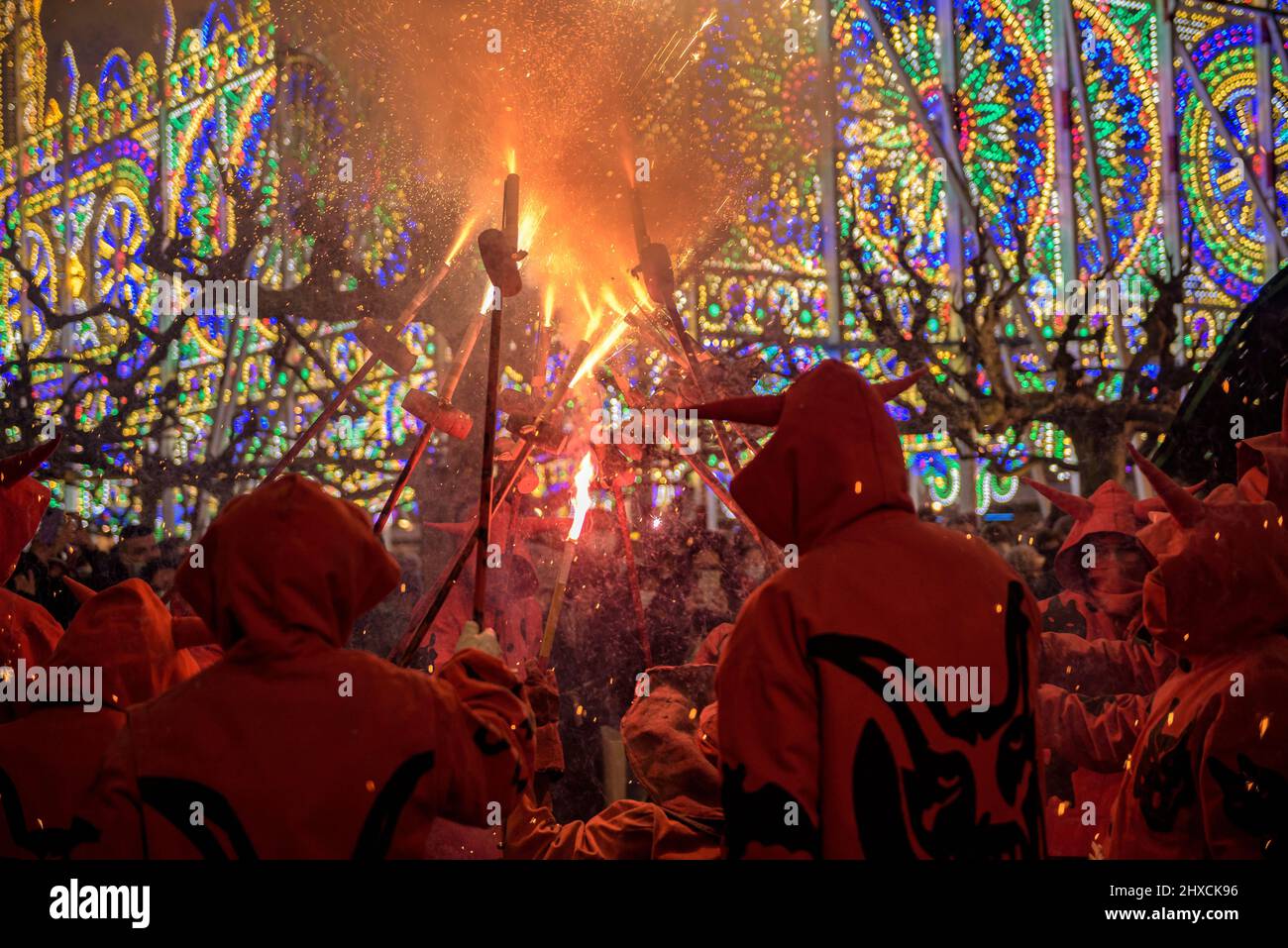 The Valls Devils in the Procession of the 2022 Valls Decennial Festival, in honor of the Virgin of the Candlemas in Valls, Tarragona, Catalonia, Spain Stock Photo
