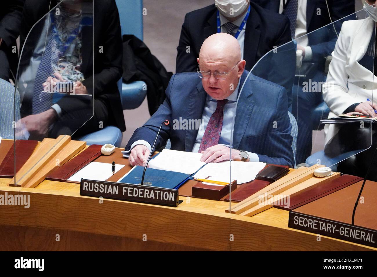 Russia's Ambassador to the U.N. Vasily Nebenzya attends the United Nations Security Council meeting on Threats to International Peace and Security, following Russia's invasion of Ukraine, in New York City, U.S. March 11, 2022. REUTERS/Carlo Allegri Stock Photo