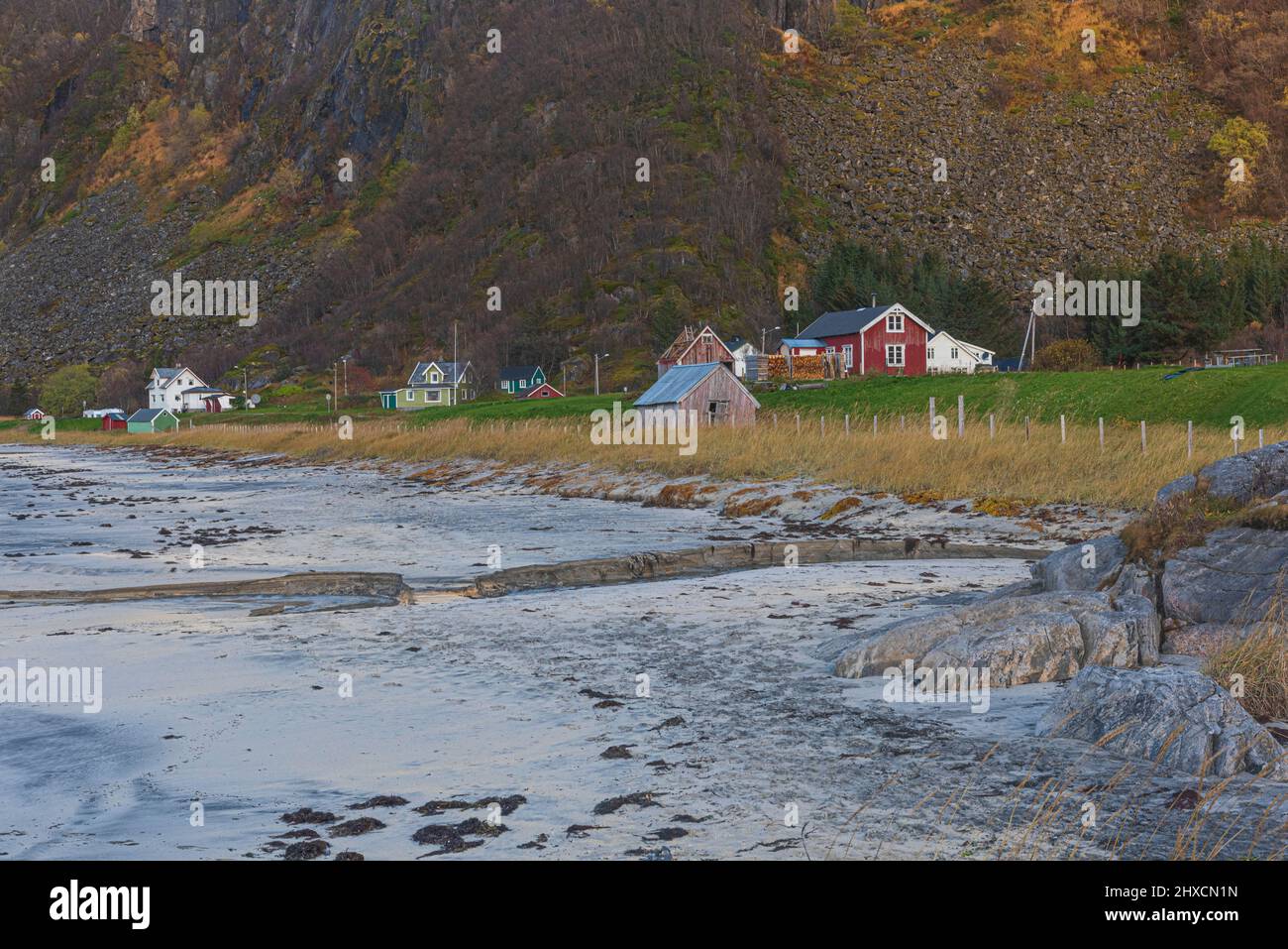 Autumn impressions from the Norwegian island Senja above the Arctic Circle, Scandinavia and Norway pure, sandy beach at Bovaer - Bovaer (Skaland) in the north-west of the island, where the road ends, Stock Photo