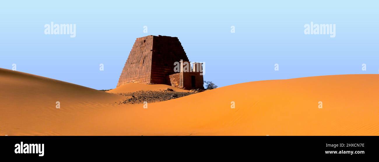 Panoramic view of historic Pyramids of Meroe in the Sahara desert Stock Photo