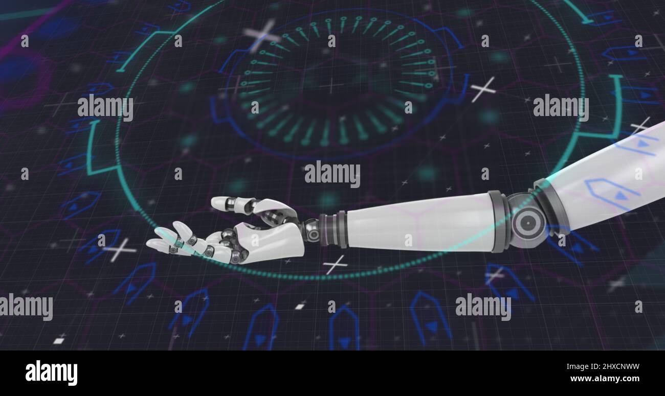 Image of robotic arm and scope scanning on black background Stock Photo
