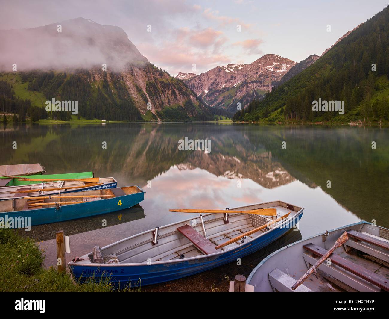 Rowing boats at Vilsalpsee, Allgäu Alps, Tyrol, Austria Stock Photo