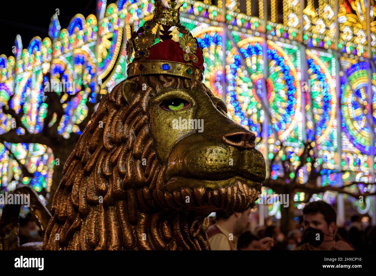 The Valls Lion in the Procession of the 2022 (2021+1) Valls Decennial Festival, in honor of the Virgin of the Candlemas in Valls (Tarragona, Spain) Stock Photo