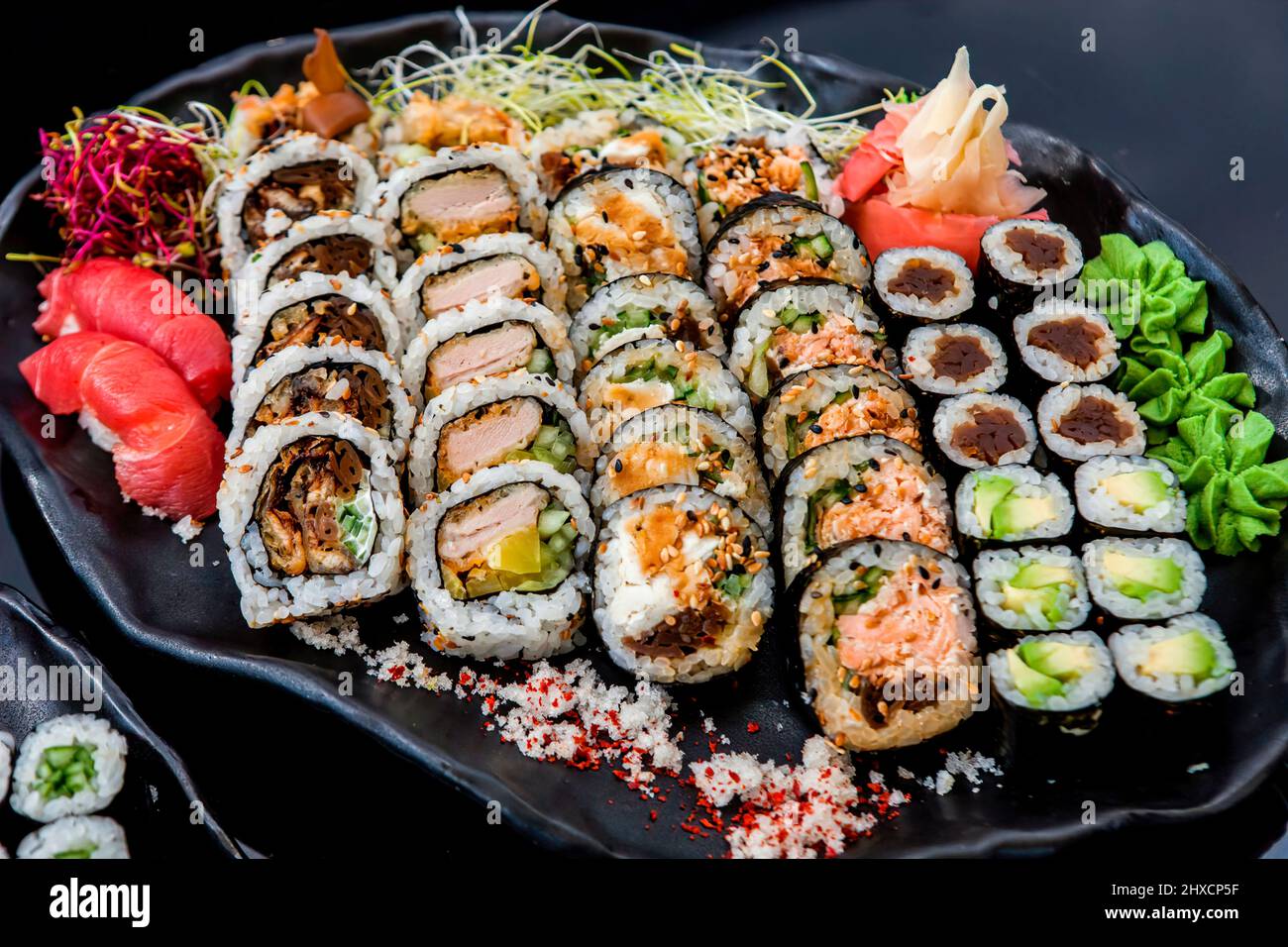 Overhead Japanese sushi food. Maki, rolls with crab, salmon, tuna