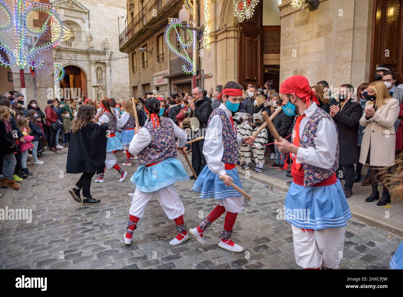 Valls stick dance in the Procession of the 2022 (2021+1) Valls Decennial Festival, in honor of the Virgin of the Candlemas in Valls (Tarragona, Spain) Stock Photo