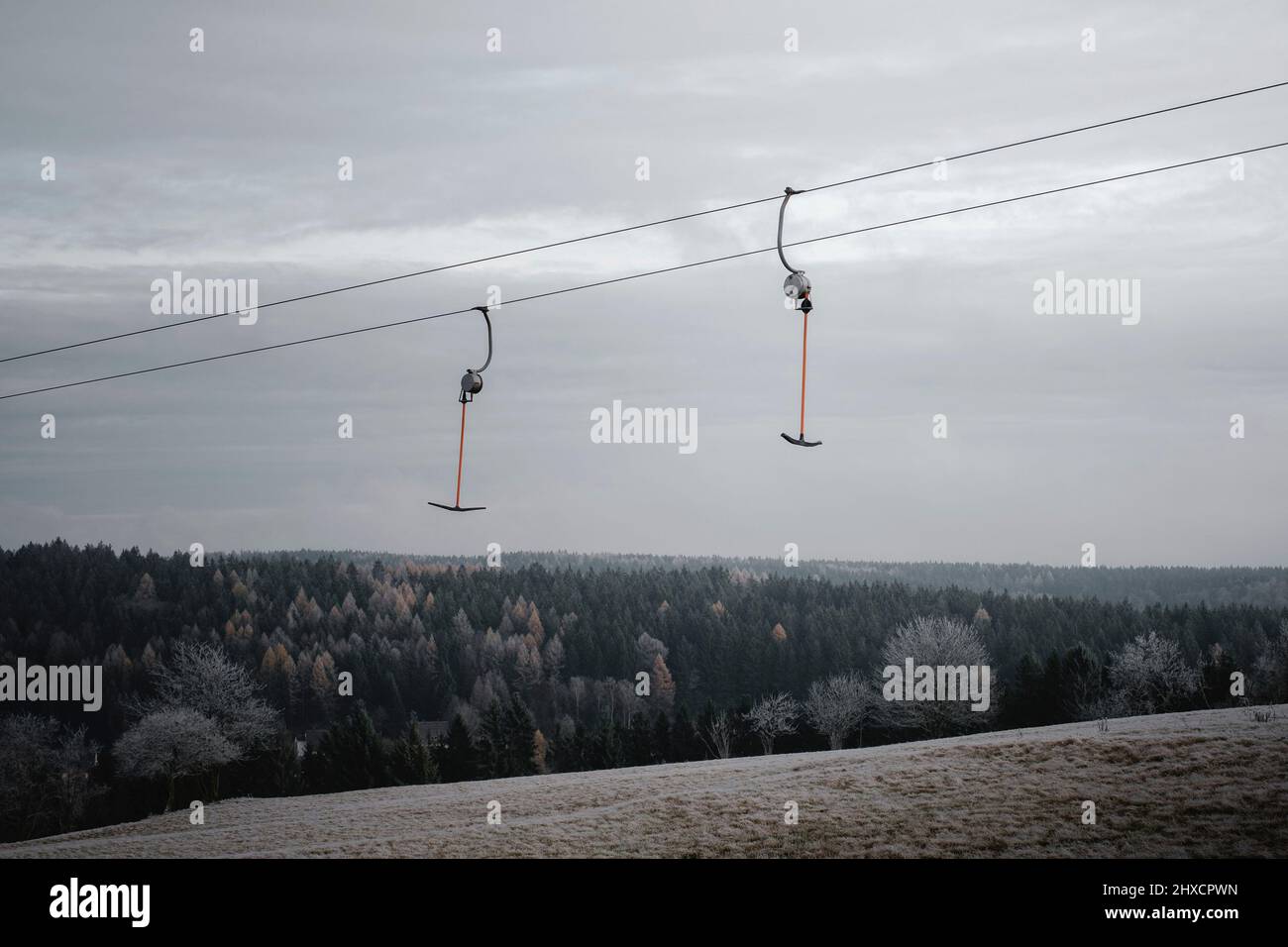 ski lift standing still in the air during fall Stock Photo