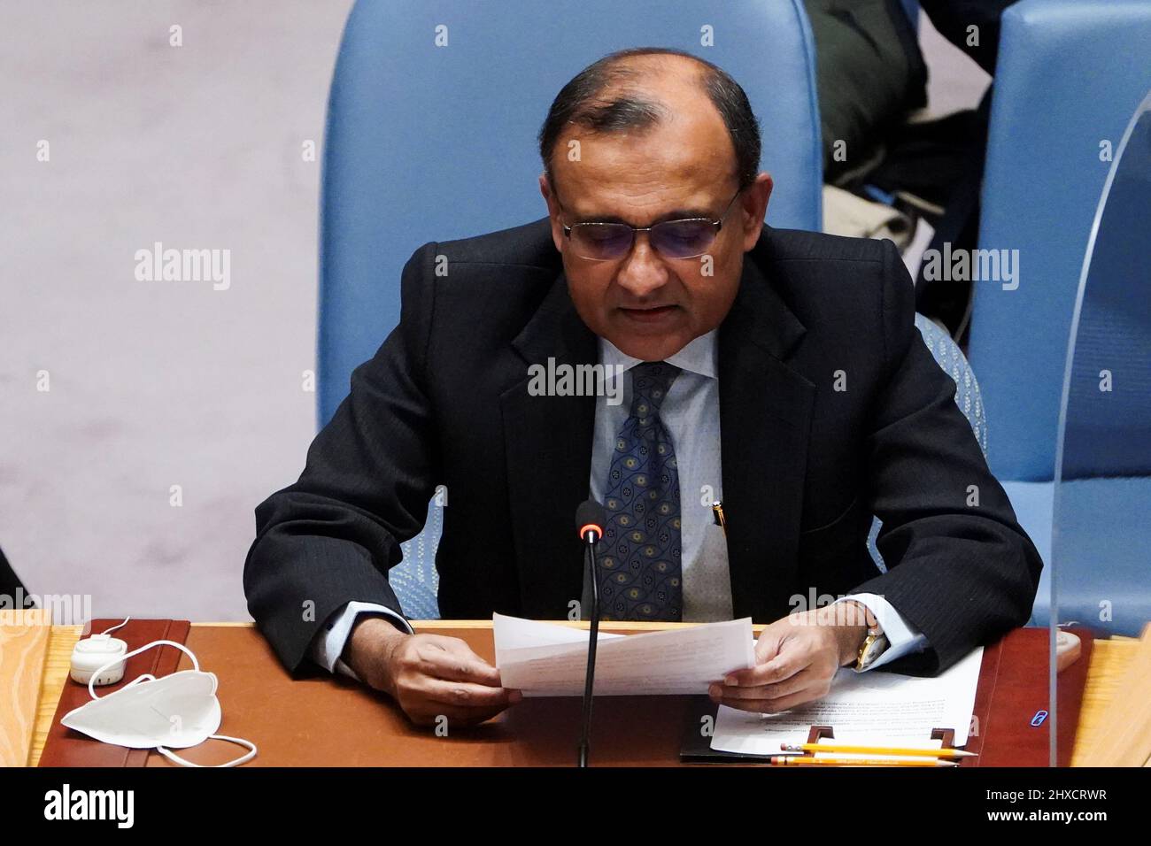 India's Ambassador to the United Nations T. S. Tirumurti speaks during the United Nations Security Council meeting on Threats to International Peace and Security, following Russia's invasion of Ukraine, in New York City, U.S. March 11, 2022. REUTERS/Carlo Allegri Stock Photo