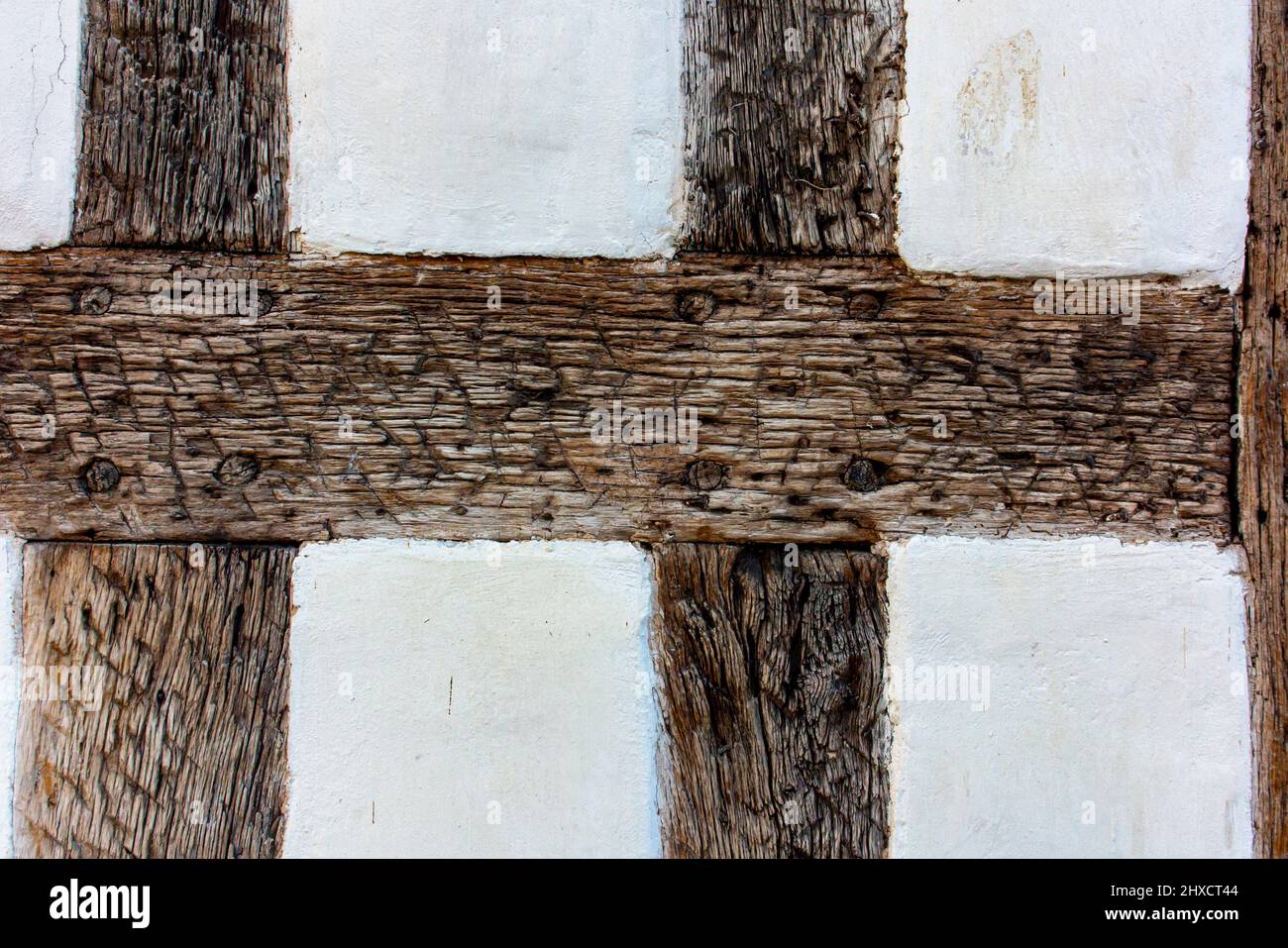 Close up view of timbers and white wall on a medieval building in Tewkesbury Gloucestershire England UK. Stock Photo