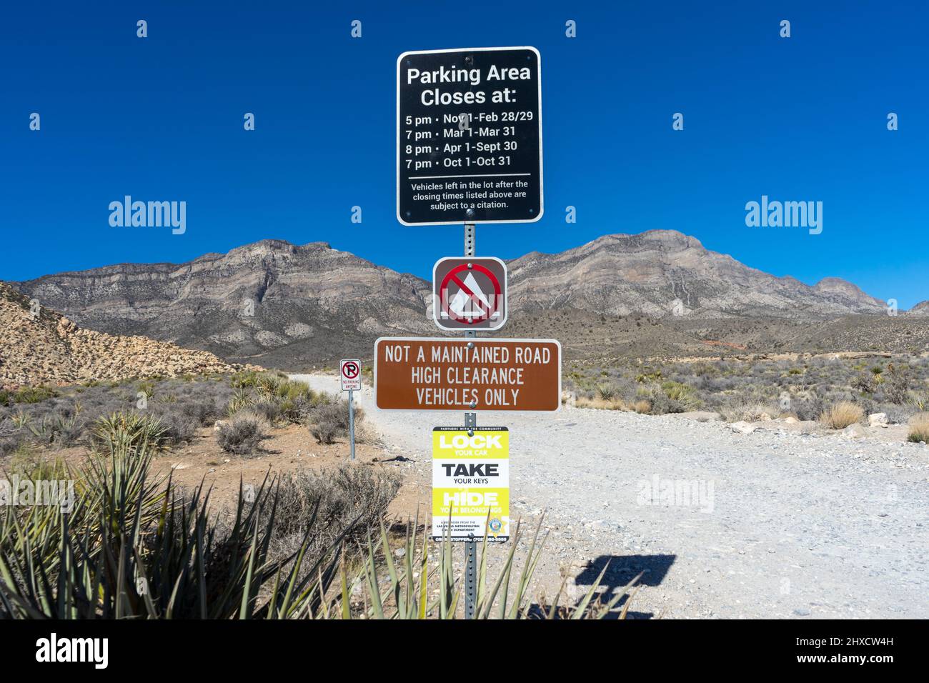 Las Vegas, NV, USA – February 16, 2022: Posted signs on a dirt road in the Red Rock Canyon Area in Southern Nevada. Stock Photo
