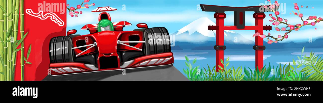 Formula 1 in Asia, racing cars, Mount Fuji and cherry blossoms in the background. Stock Photo