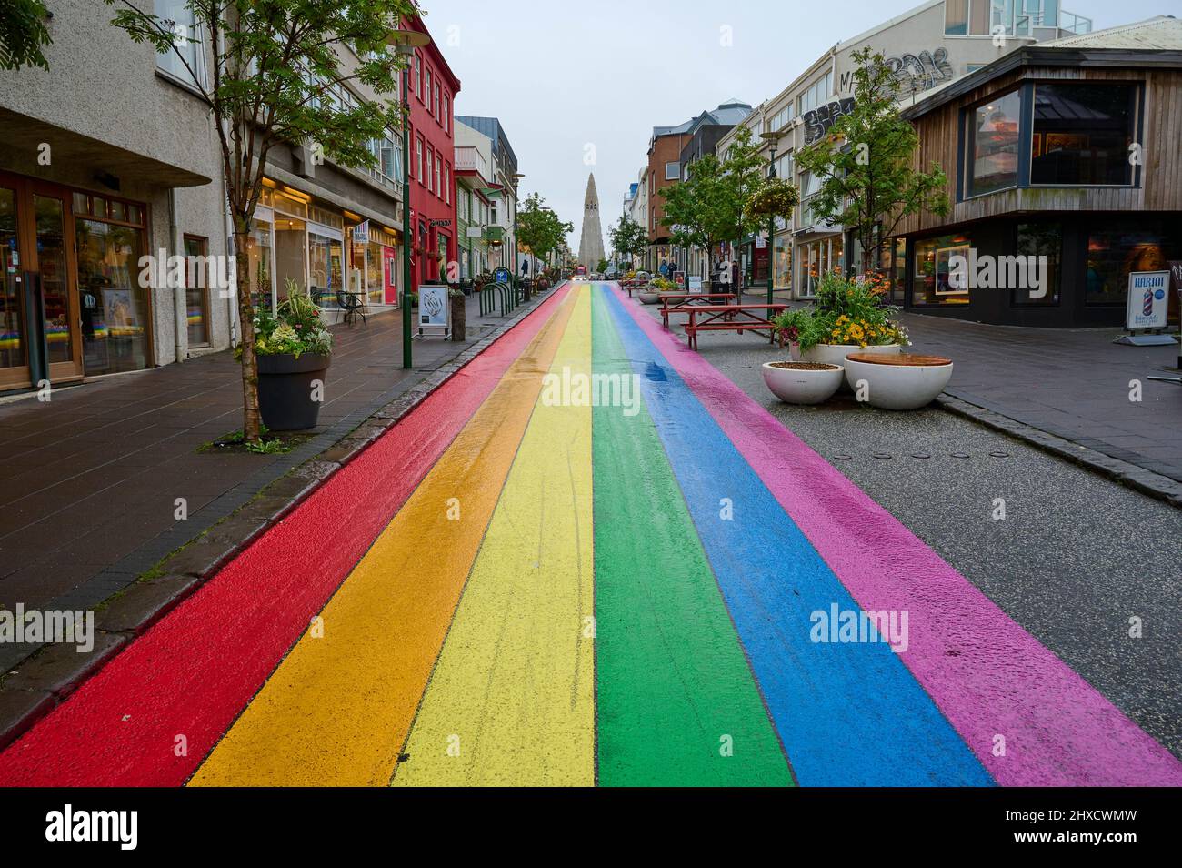 Street, colorful painted, rainbow colors, city, Reykjavik, HöfuÃ°borgarsvæÃ°iÃ°, southwest, Iceland Stock Photo