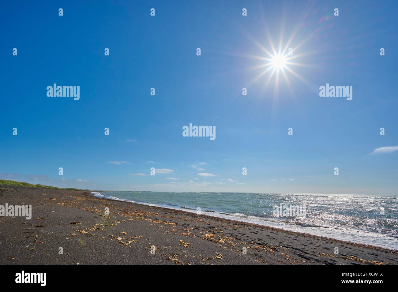 Black, Beach, Sea, Sun, Summer, Porklakshofn, Sudurland, SuÃ°urnes, Iceland Stock Photo