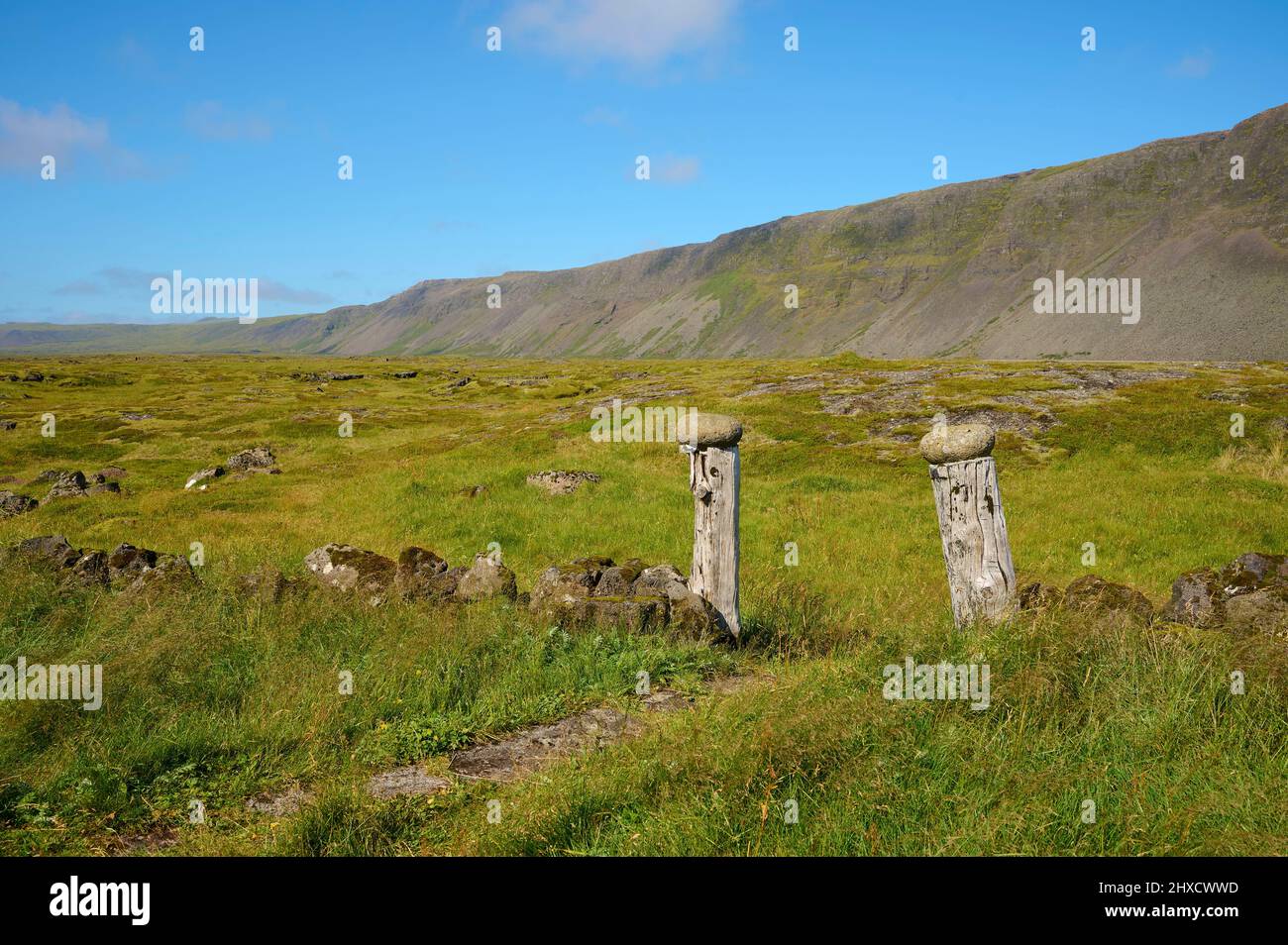 Entrance, wooden post, path, Summer, Herdisarvik, Sudurnes, SuÃ°urnes, Iceland Stock Photo