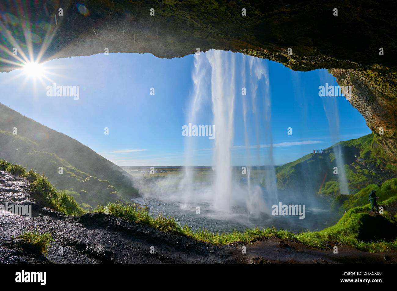 Waterfall, sun, summer, Seljalandsfoss, Storidalur, Sudurland, SuÃ°urnes, Iceland Stock Photo