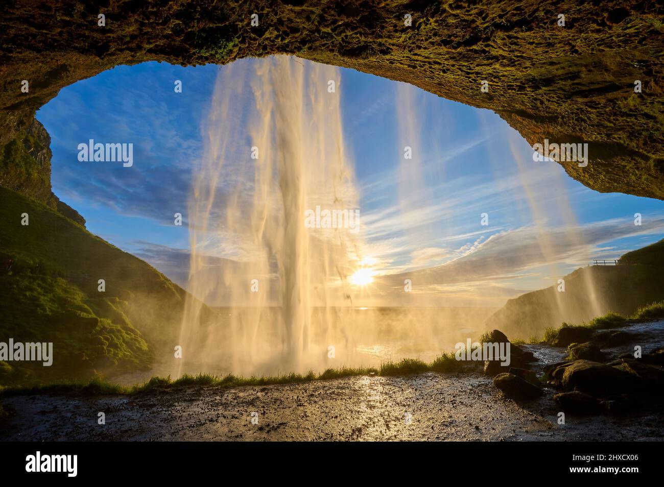 Waterfall, Sunset, Summer, Seljalandsfoss, Storidalur, Sudurland, SuÃ°urnes, Iceland Stock Photo