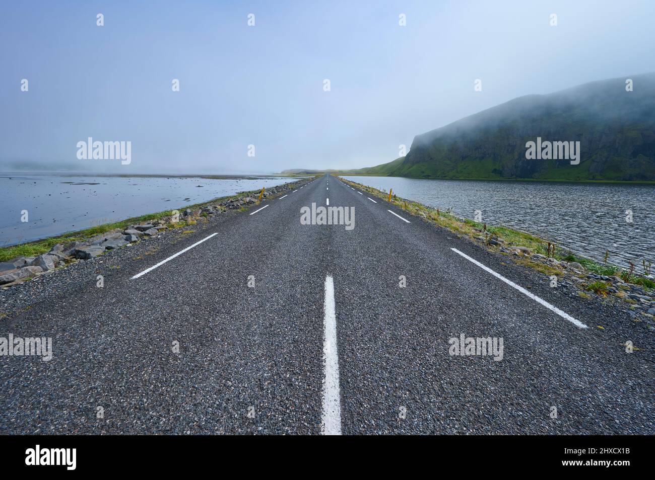 Straße, Fog, Sea, Summer, Cape Dyrholaey, Vik, Sudurland, SuÃ°urnes, Iceland Stock Photo