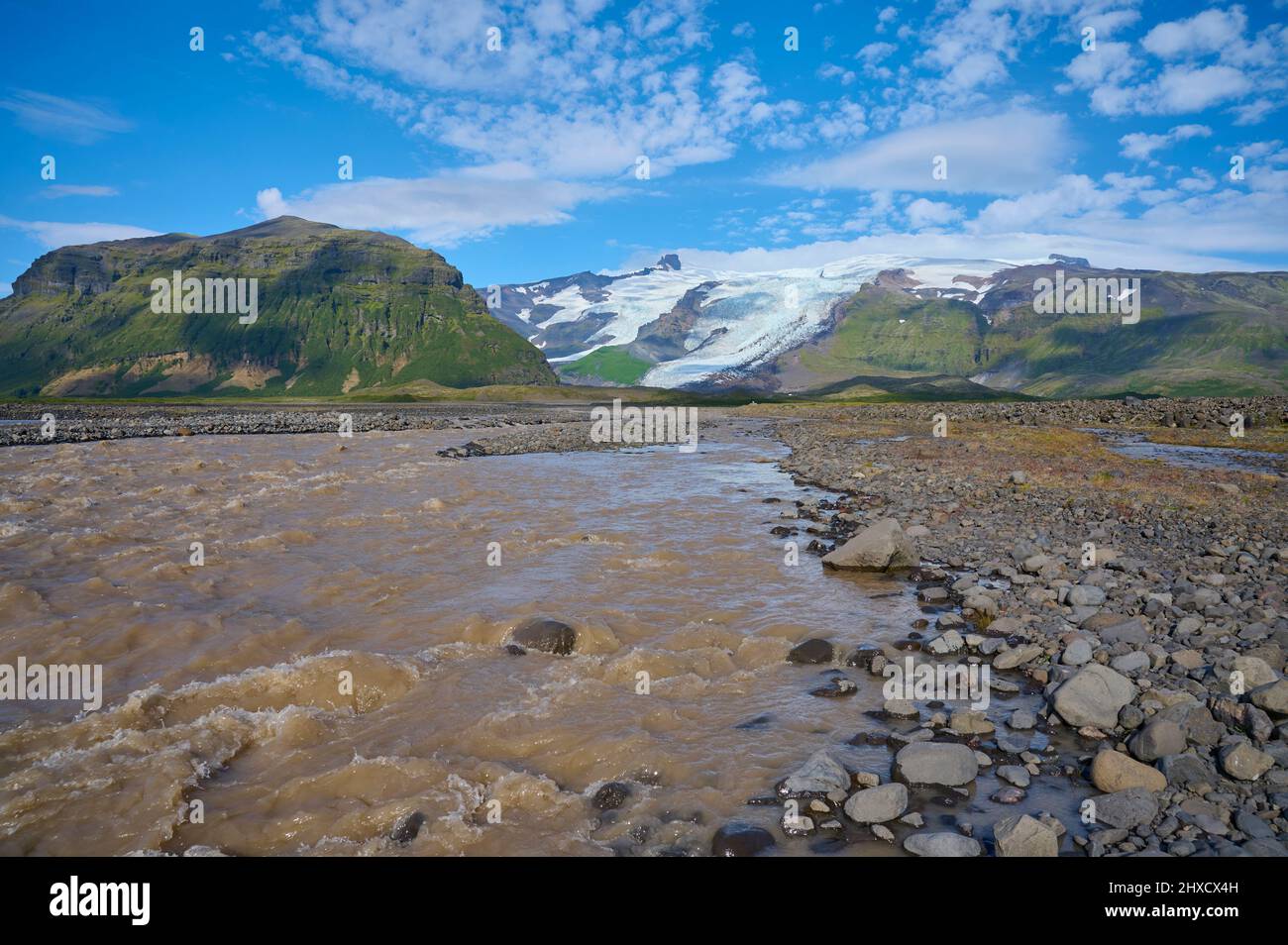 River Delta, Mountains, Summer, Skaftafell, Austurland, Iceland Stock Photo