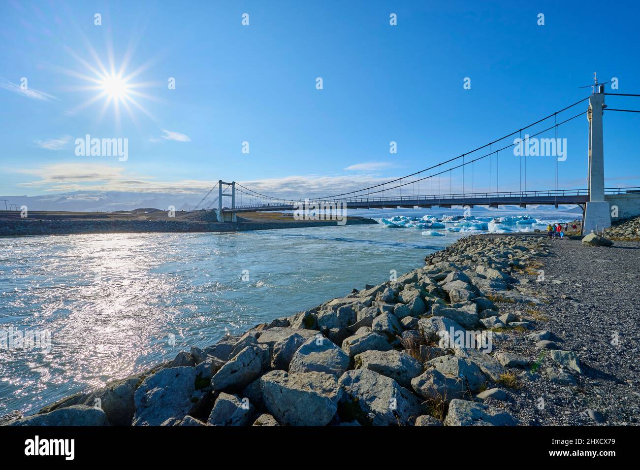 Straße, Bridge, Suspension Bridge, Glacier Lagoon, Sun, Summer, Jokulsarlon, Austurland, Iceland Stock Photo