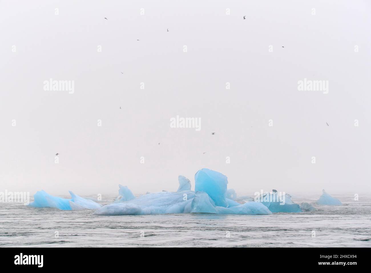Sea, Waves, Ice, Floes, Blue, Fog, Summer, Jokulsarlon, Austurland, Iceland Stock Photo