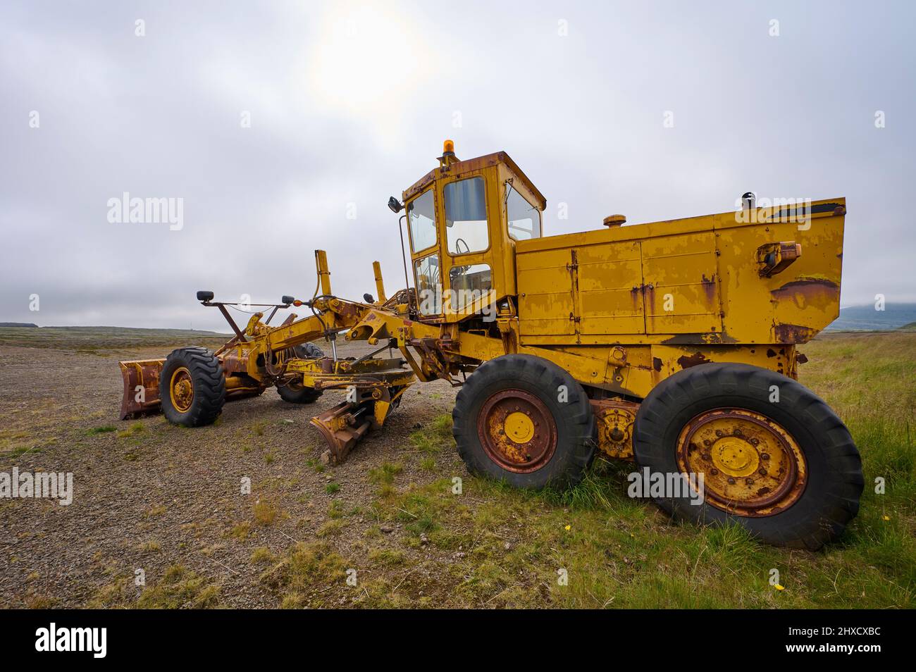 Bulldozer, Grader, Construction machine, Old, Parked, Scrap, Austurland, Iceland Stock Photo