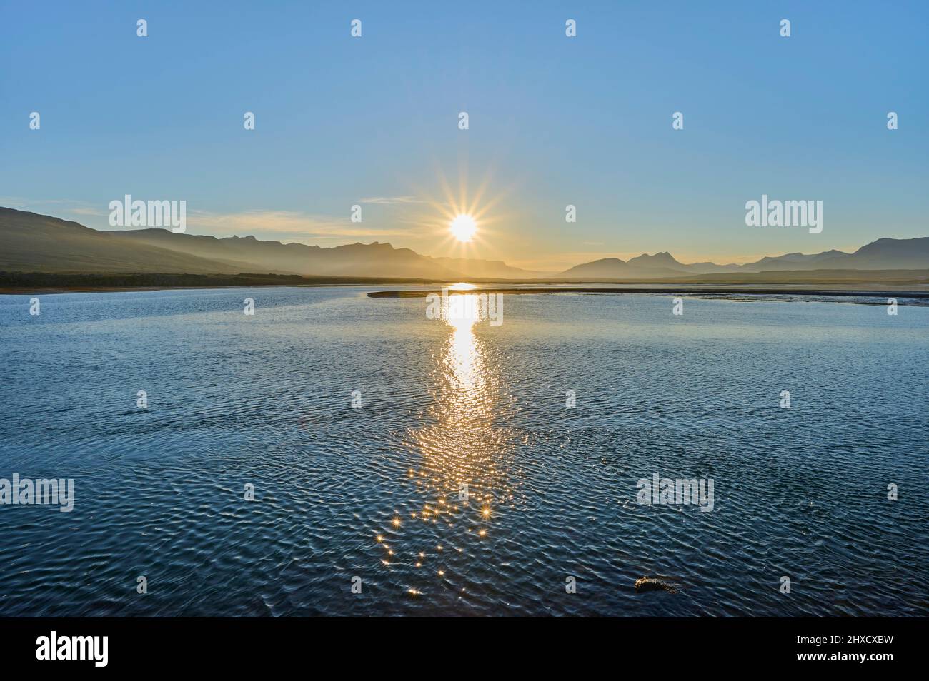 See, Sonnenuntergang, Sommer, Suðurnes, Sudurland, Island Stock Photo
