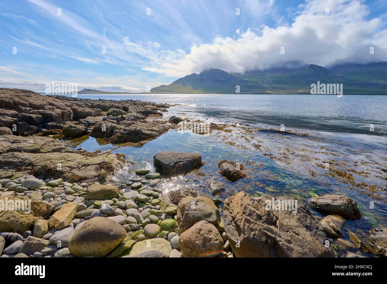 Fjord, Sea, Coast, Summer, Austurbyggd, Austurland, Iceland Stock Photo