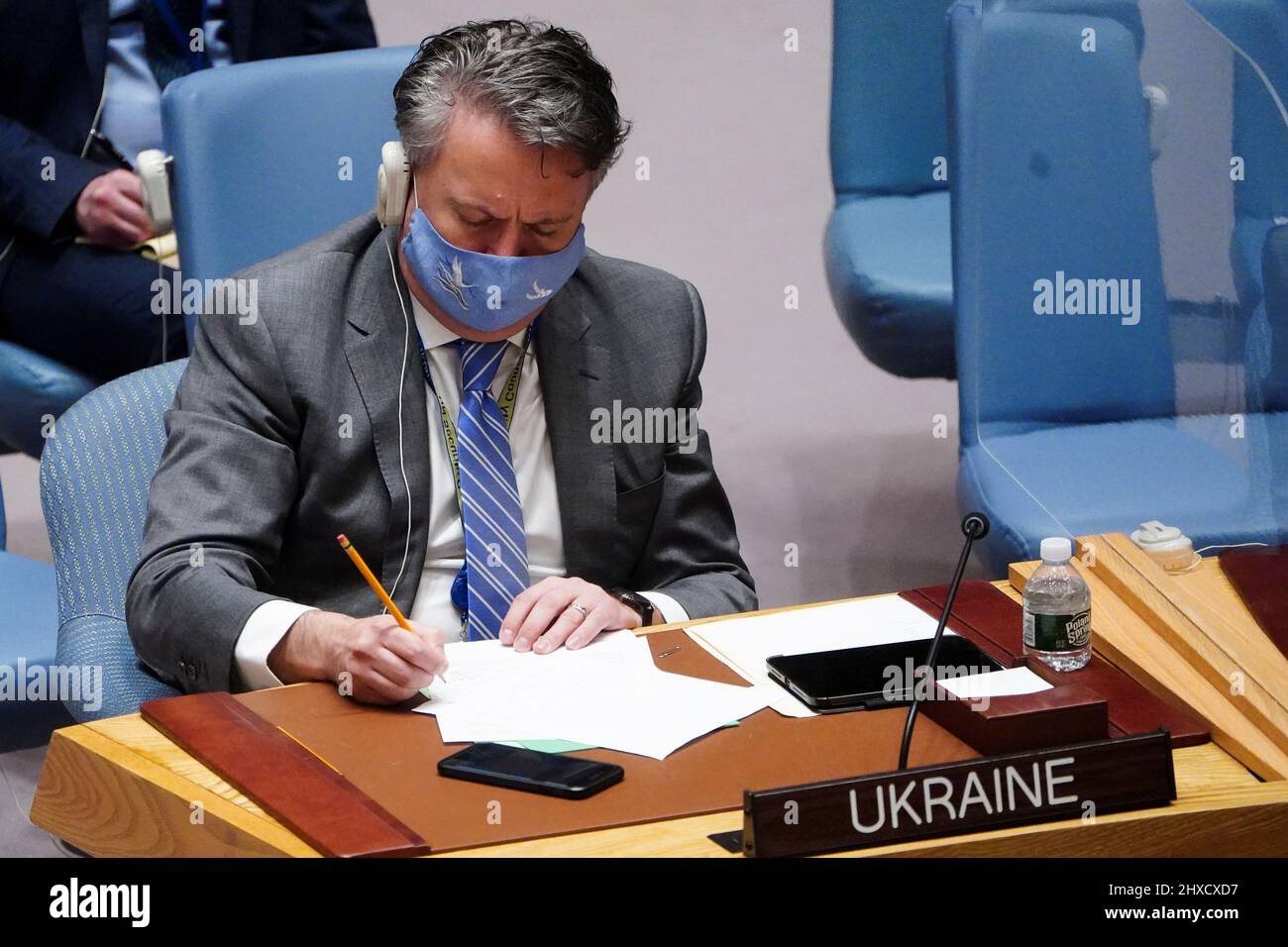 Ukrainian Ambassador to the U.N. Sergiy Kyslytsya attends the United Nations Security Council meeting on Threats to International Peace and Security, following Russia's invasion of Ukraine, in New York City, U.S. March 11, 2022. REUTERS/Carlo Allegri Stock Photo