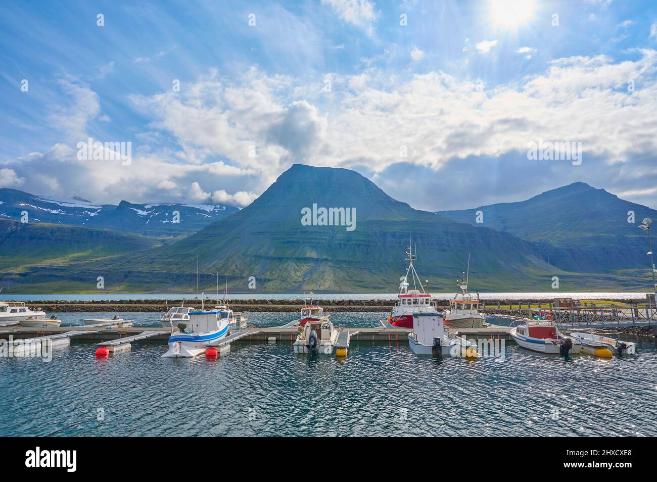 Harbour, Fishing Boats, Fjord, Summer, Faskrudsfjordur, Austurland, Iceland Stock Photo