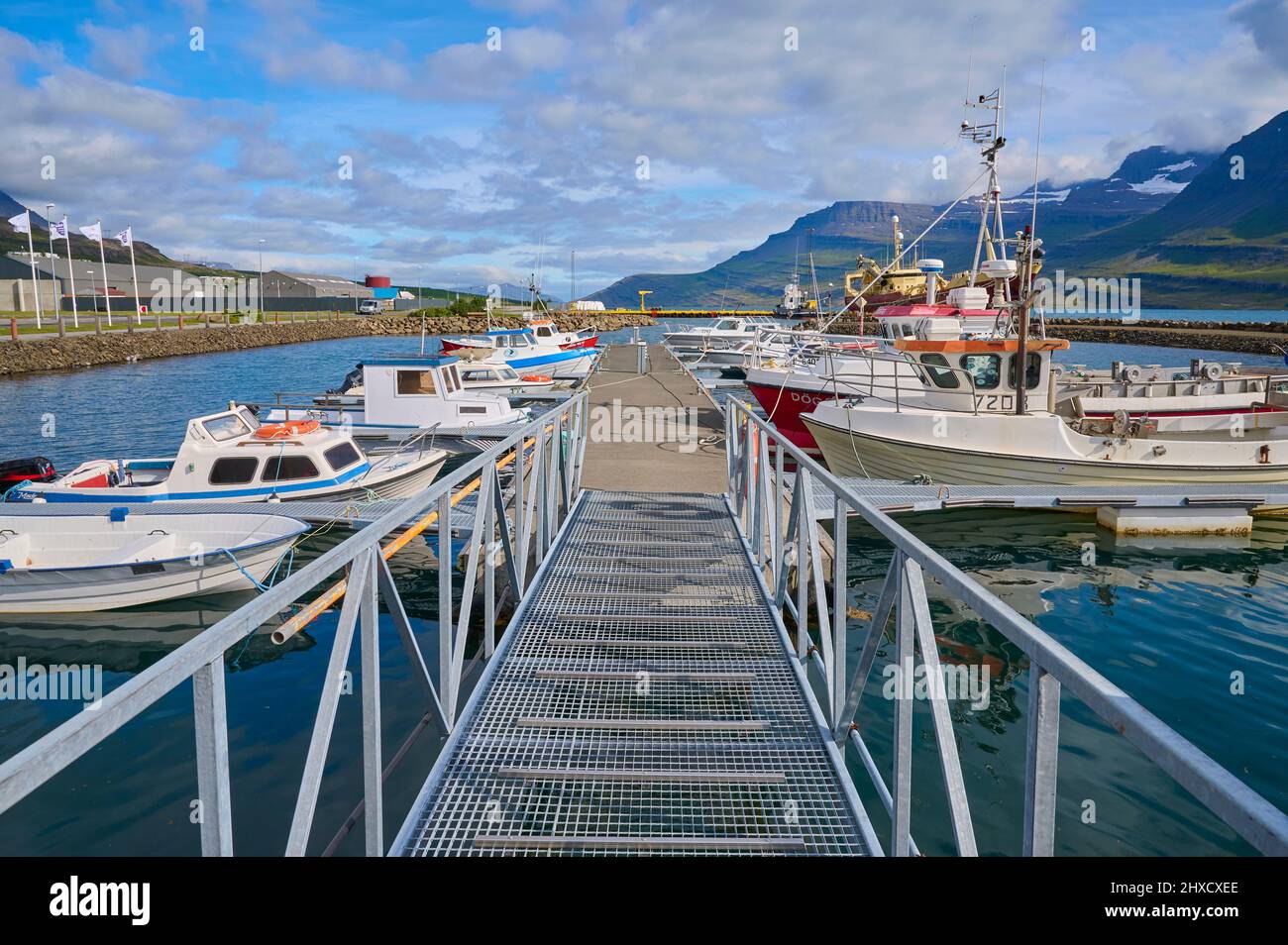 Harbour, Fishing Boats, Fjord, Summer, Faskrudsfjordur, Austurland, Iceland Stock Photo